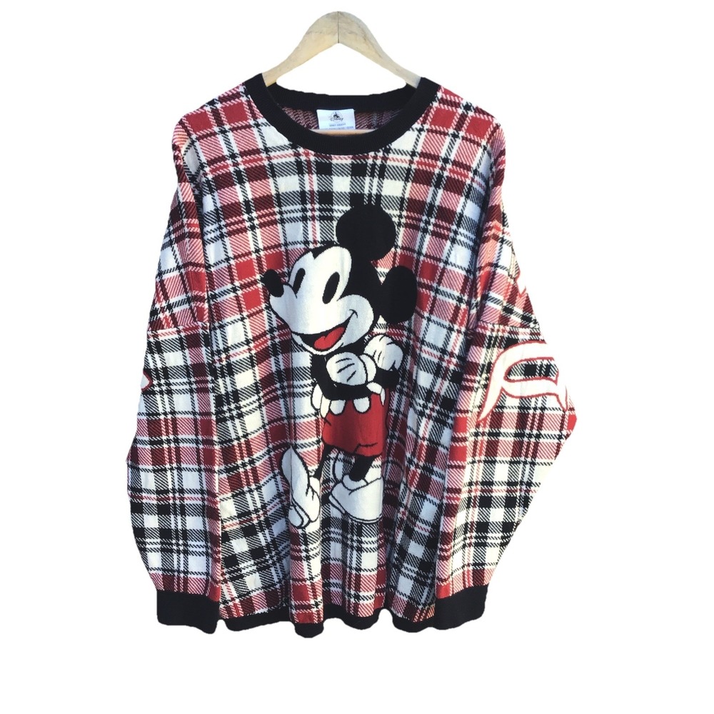 Disney Spirit Jersey Mickey Mouse Plaid Sweater XXL Red Black White Oversized